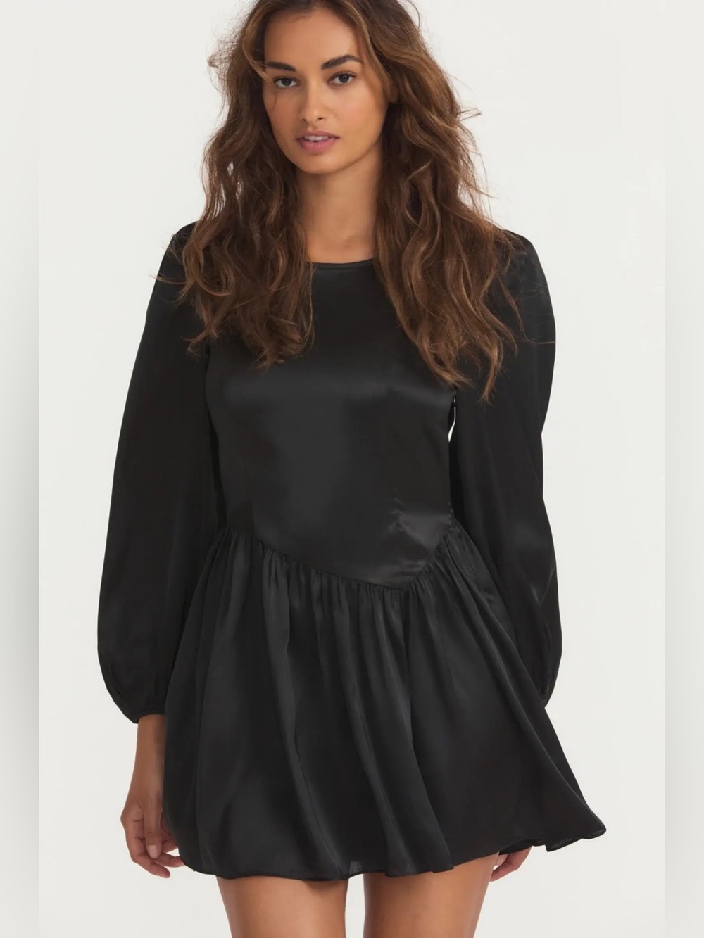 LoveShackFancy Garcia Satin Long Sleeve Button Flared Black Mini Dress NWT Sz 0